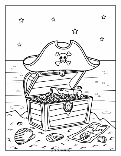 Coloriage de la lettre P pour enfants : Un coffre de pirate au bord de la mer sous les étoiles, rempli de pièces et d'une carte