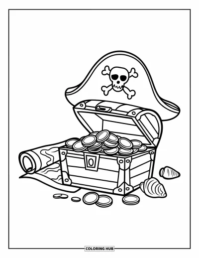 Coloriage de la lettre P pour enfants : Un coffre de pirate avec un chapeau et des coquillages éparpillés, rempli de pièces brillantes et d'une carte