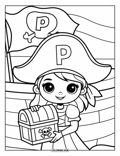 Coloriage de la lettre P pour enfants : Une petite pirate tient son trésor près d'un drapeau de navire arborant un grand P