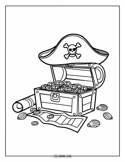 Coloriage de la lettre P pour enfants : Un chapeau de pirate posé sur un coffre rempli d'or, de cartes et de coquillages
