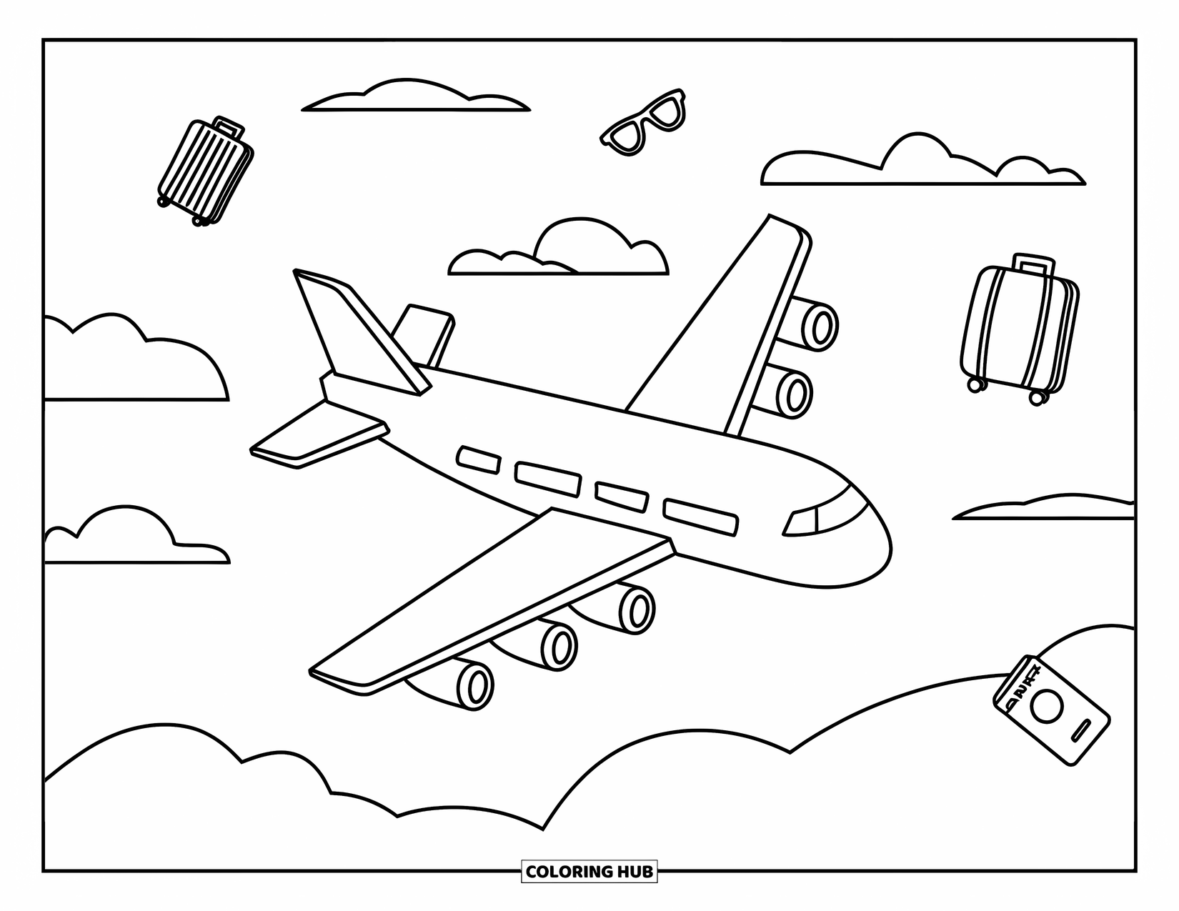 Letter P Coloring Page for Kids: A plane soars above the clouds with fun travel icons floating nearby