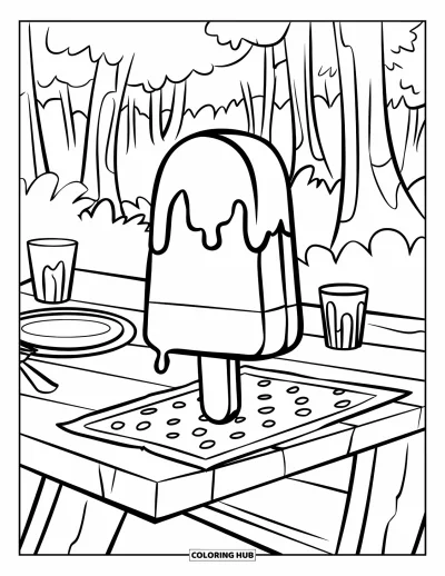 Coloriage de la lettre P pour enfants : Une glace dégouline sur une table de pique-nique avec des arbres de forêt en arrière-plan
