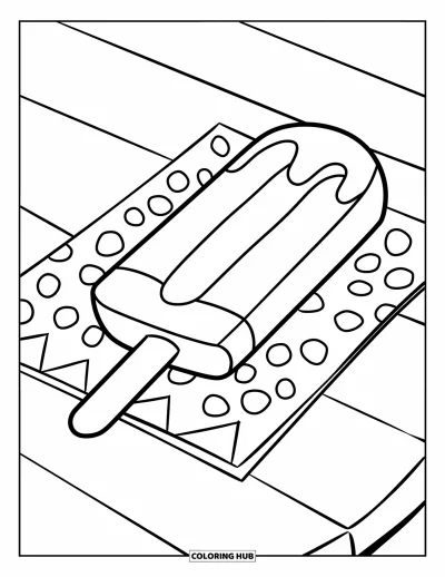 Coloriage de la lettre P pour enfants : Une glace dégouline doucement sur une table de pique-nique avec une serviette à pois en dessous