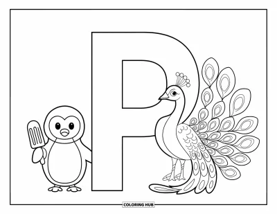 Coloriage de la lettre P pour enfants : Un beau paon et un pingouin avec une glace se tiennent à côté des lettres P majuscule et minuscule