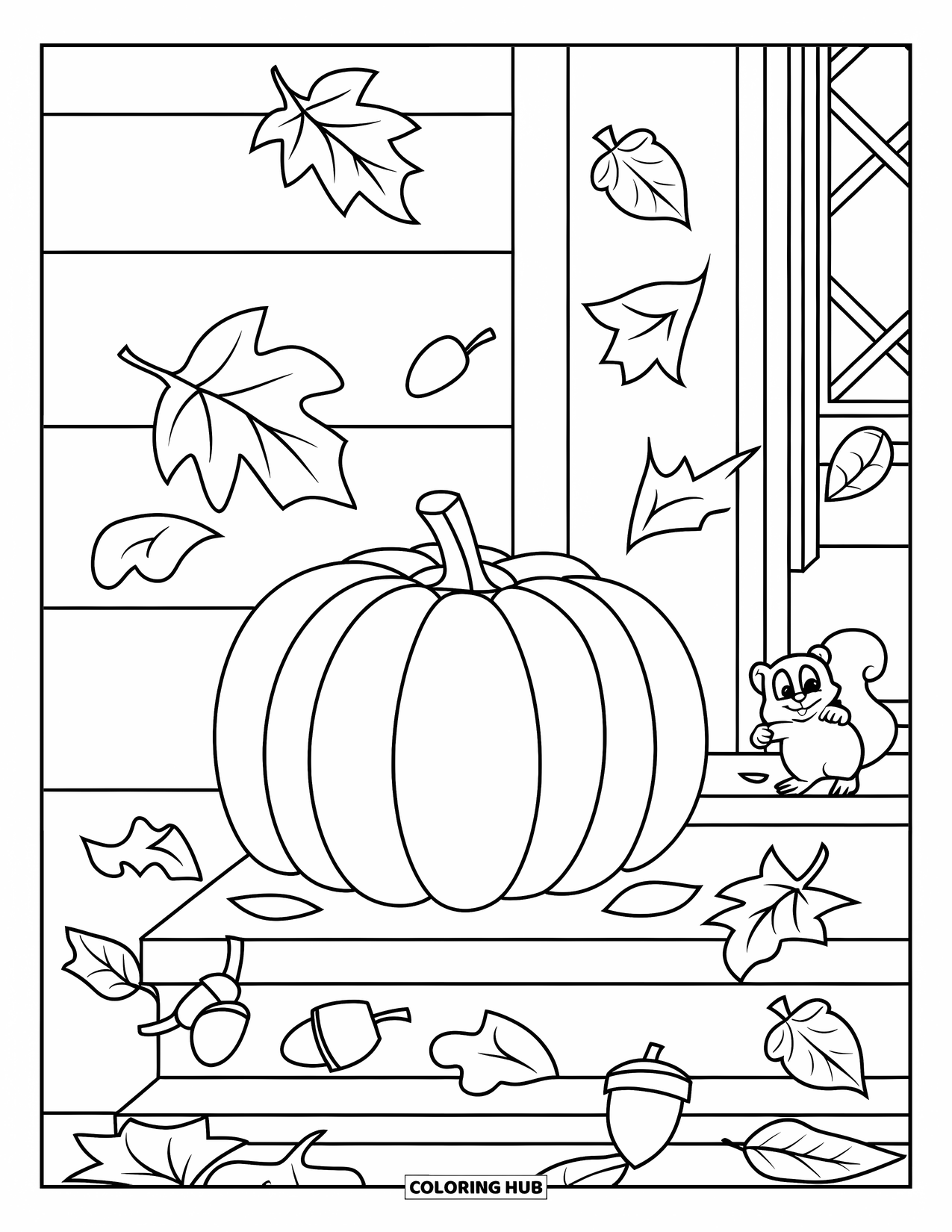 Letter P Coloring Page for Kids: A pumpkin sits on a decorated porch with falling leaves and a peeking squirrel