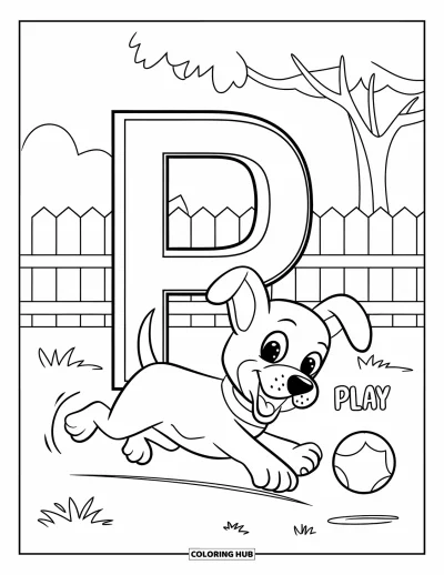 Coloriage de la lettre P pour enfants : Un chiot aboie en poursuivant une balle près d'une clôture, d'un arbre et de la lettre P pleine de vie