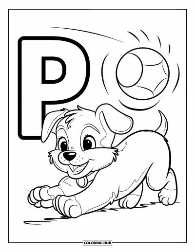 Coloriage de la lettre P pour enfants : Un chiot poursuit une balle à côté d'une grande lettre P pleine d'énergie joyeuse