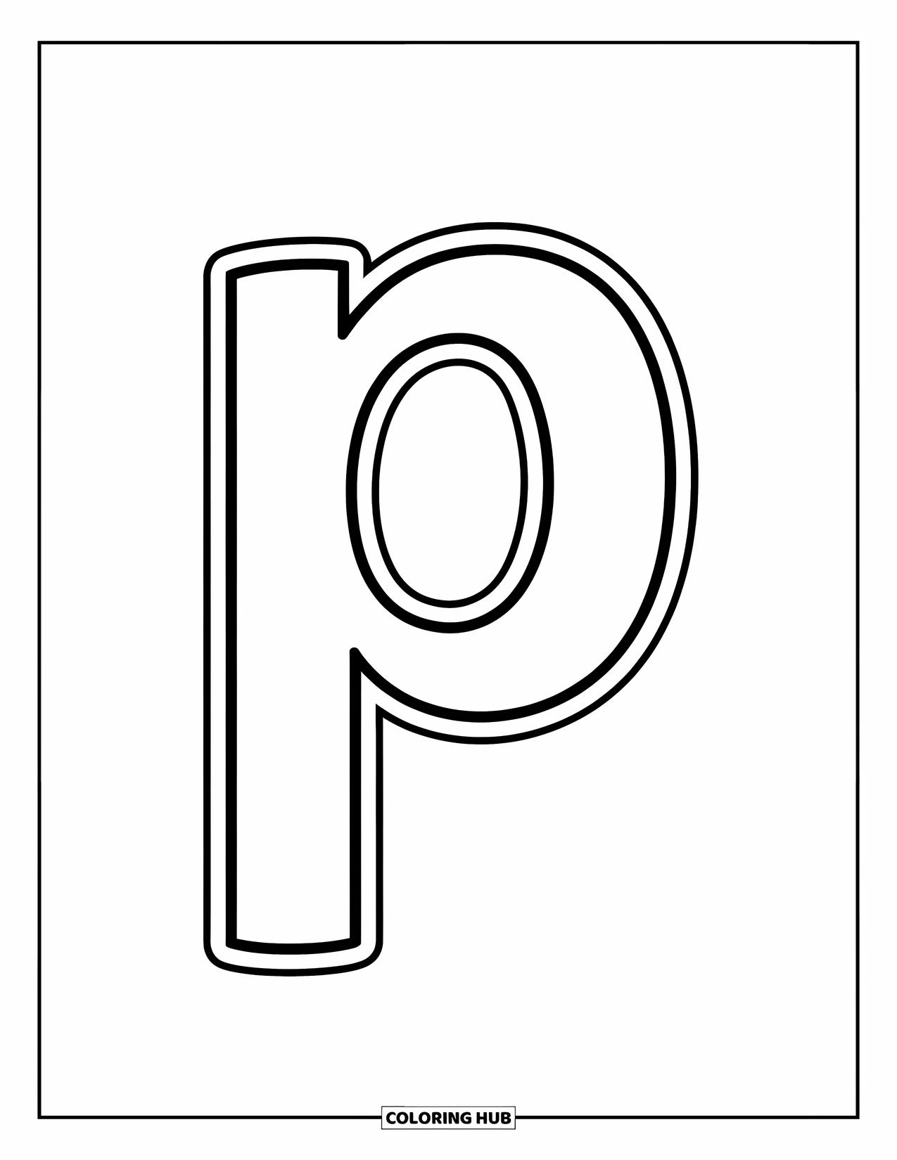 Letter P Coloring Page for Kids: A simple lowercase p with thick outlines sits in the middle of the page