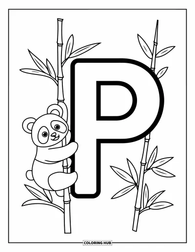 Coloriage de la lettre P pour enfants : Un panda souriant grimpe sur du bambou à côté d'une grande lettre P