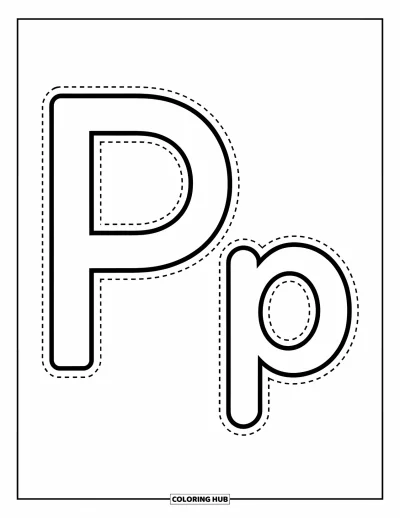 Coloriage de la lettre P pour enfants : Les lettres P majuscule et minuscule sont tracées en pointillés pour aider les enfants de maternelle à apprendre l'alphabet