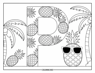 Coloriage de la lettre P pour enfants : La lettre P est formée d'ananas avec l'un d'eux qui se repose sous un palmier