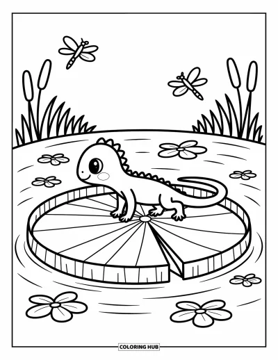 Målarbild med ödla för vuxna: En söt ödla tassar över ett näckrosblad medan trollsländor och blommor flödar runt den