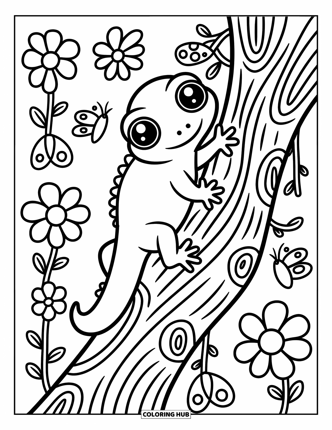 Lizard Coloring Page for Adults: A gecko climbs a tree trunk surrounded by moths, vines, and giant flowers