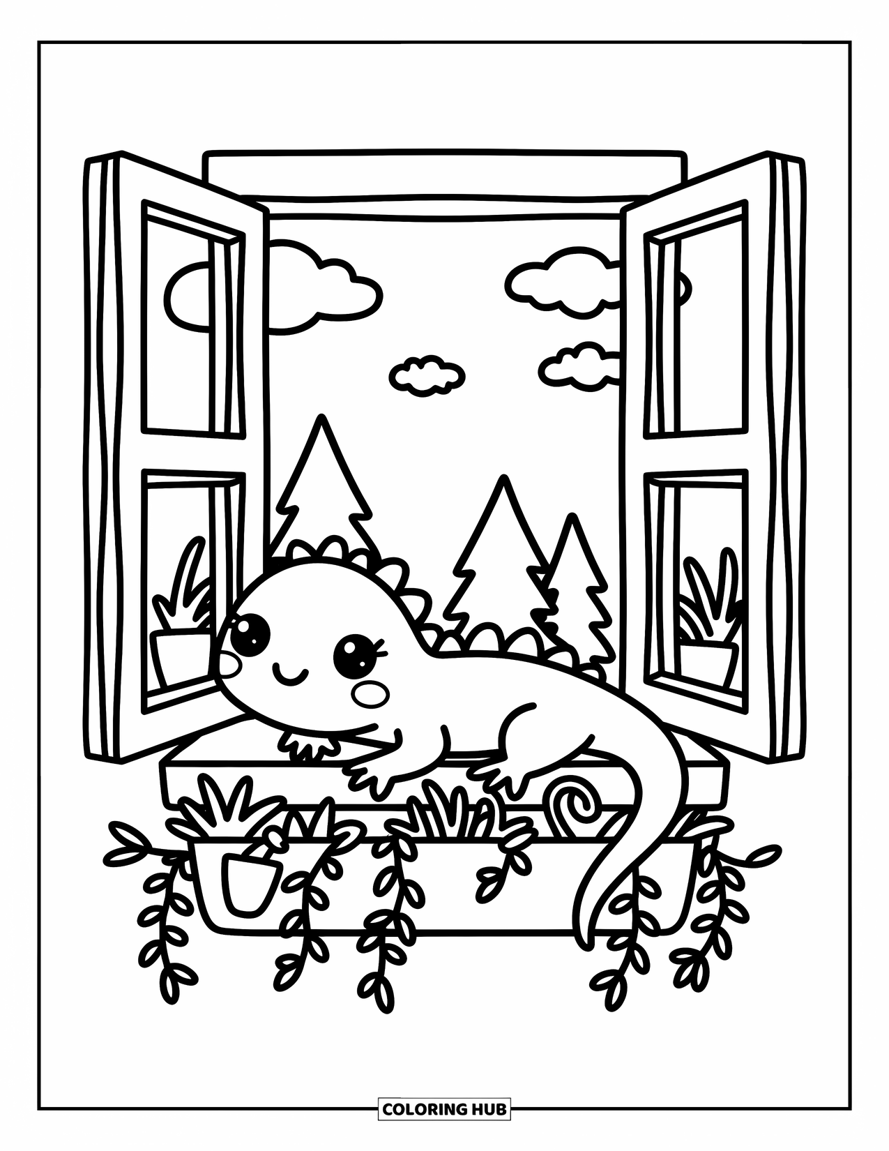 Lizard Coloring Page for Adults: A kawaii lizard walks along a window full of plants and playful garden things