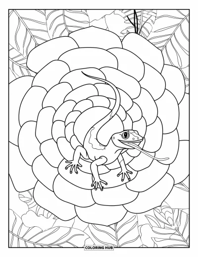 Målarbild med ödla för vuxna: En ödla räcker ut tungan i en tropisk mandala av kronblad och rankor