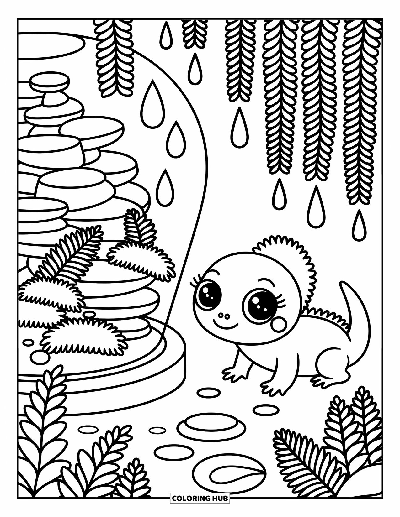 Lizard Coloring Page for Adults: A lizard peeks around a terrarium full of moss, rocks, and gentle details