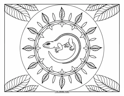 Målarbild med ödla för vuxna: En ödla vilar i mitten av en lövrik mandala inramad av en vit cirkel