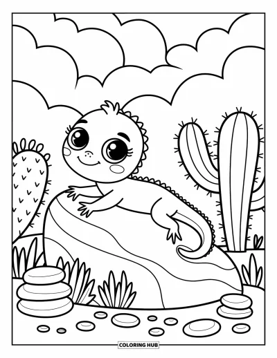 Målarbild med ödla för vuxna: En lekfull ödla slappnar av på en varm sten omgiven av ökenblommor och småsten
