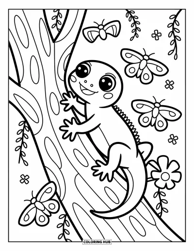 Målarbild med ödla för vuxna: En leende gecko klättrar i ett träd medan rankor, nattfjärilar och blommor svävar runt den