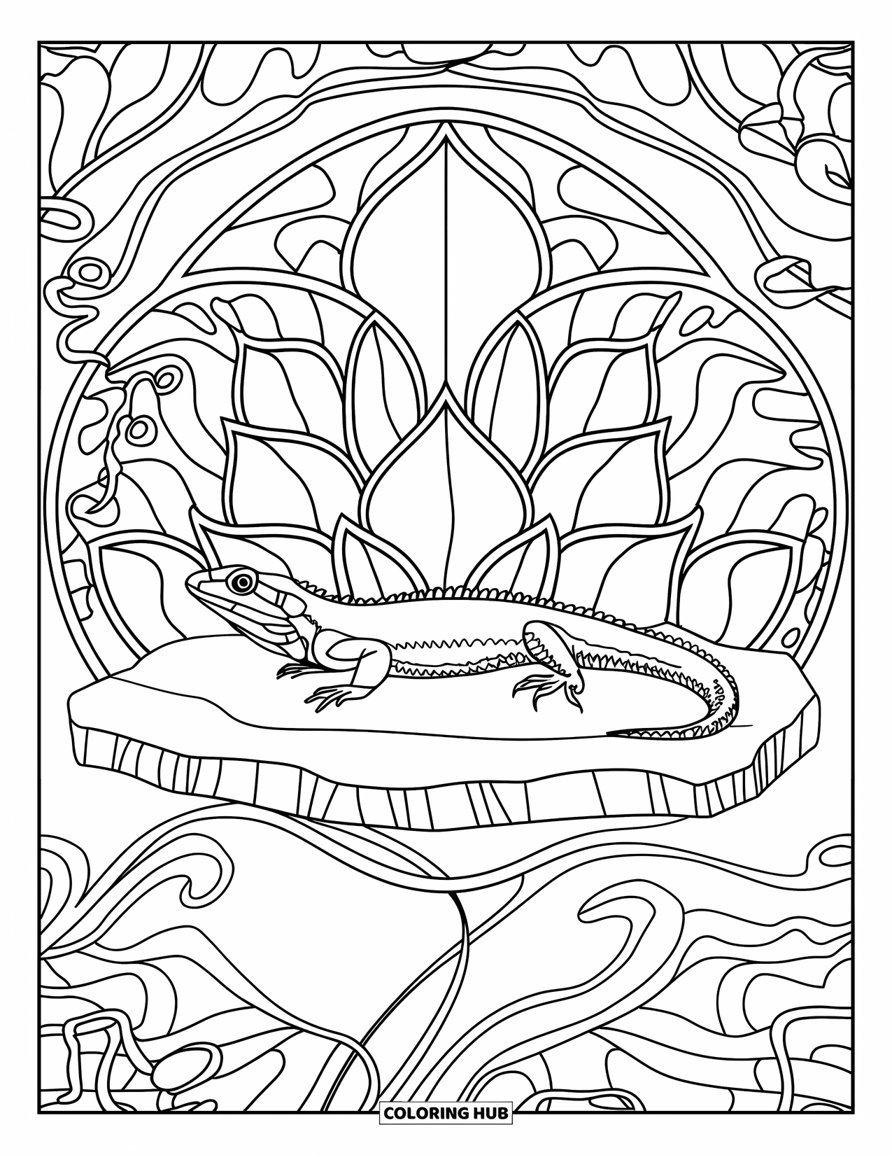 Lizard Coloring Page for Adults: A stone lizard rests under curling vines and overlapping leafy shapes