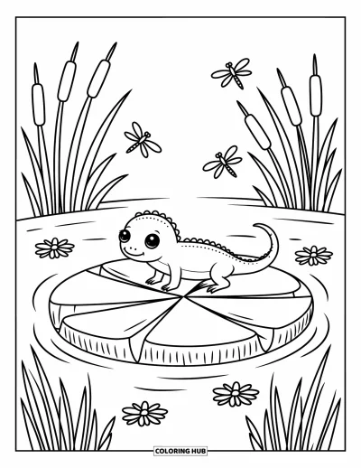Målarbild med ödla för vuxna: En liten ödla korsar ett näckrosblad nära kaveldun, blommor och flygande trollsländor