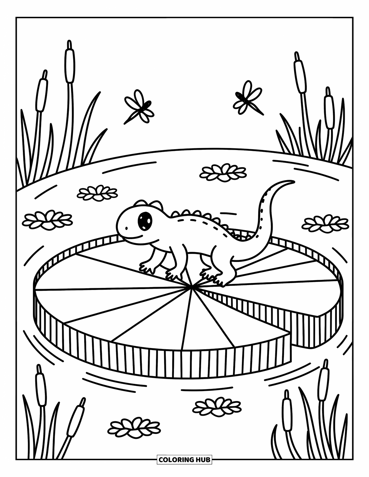 Lizard Coloring Page for Adults: A tiny lizard tiptoes across a lily pad surrounded by dragonflies and rippling water