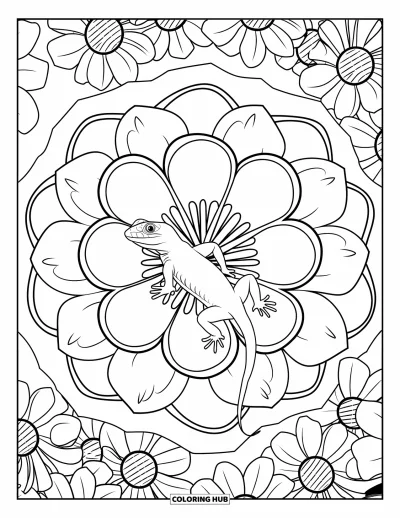 Målarbild med ödla för vuxna: En tropisk blomstermandala omger en långstjärtad ödla som vilar i frid