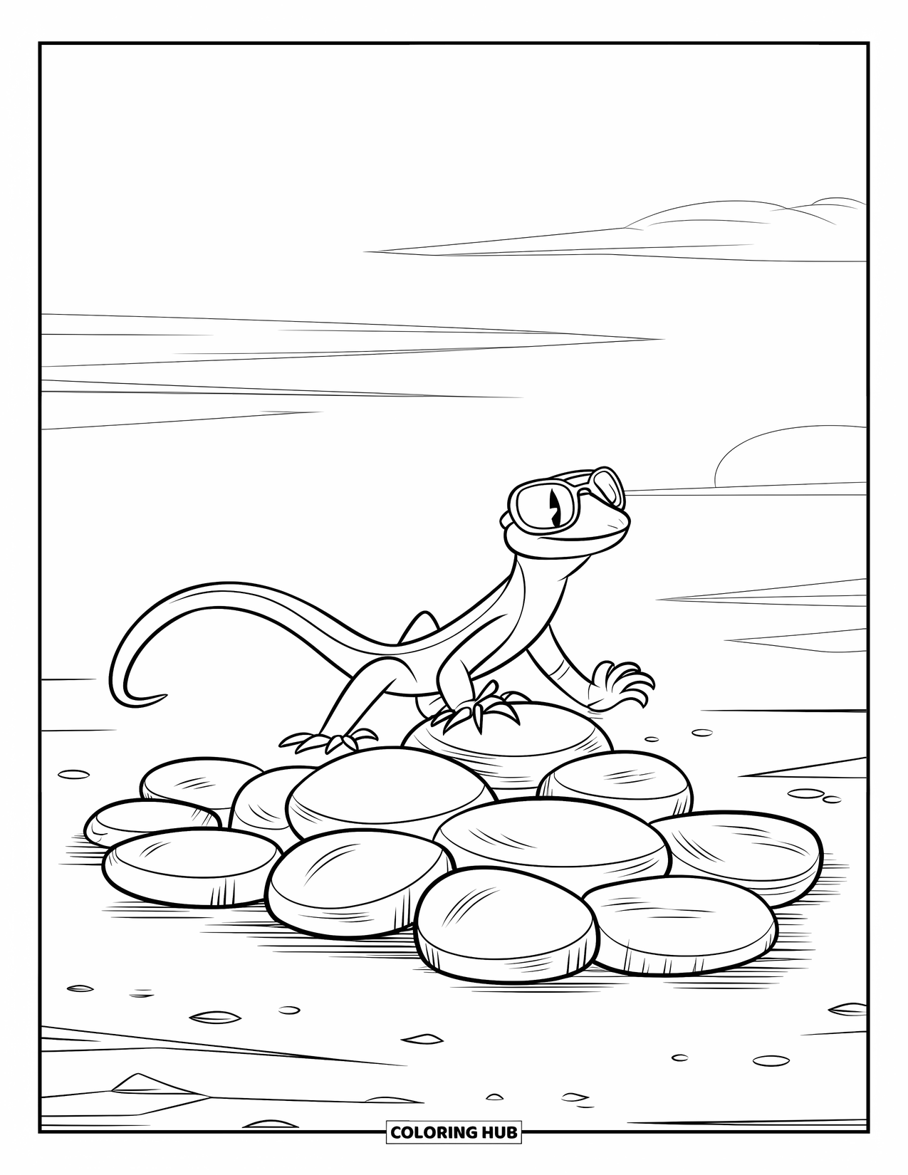 Lizard Coloring Page for Kids: A cool lizard crawls across warm stones wearing a pair of sunglasses