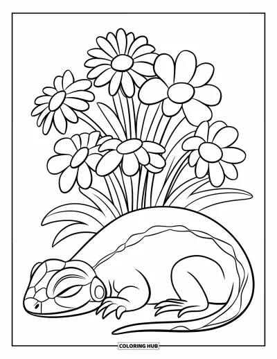 Målarbild med ödla för barn: En hoprullad ödla sover bredvid vildblommor på en lugn, öppen yta