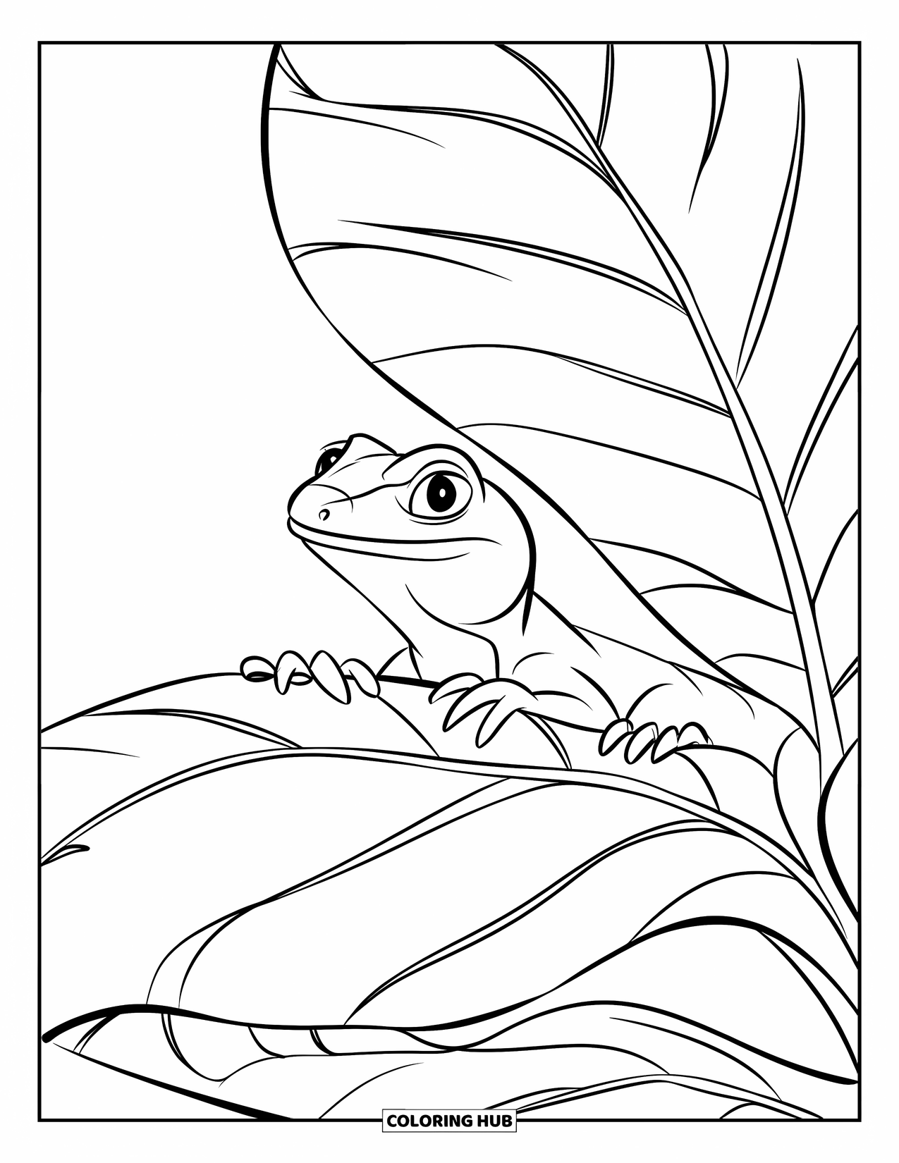 Lizard Coloring Page for Kids: A cute lizard peeks from behind a big leafy cover