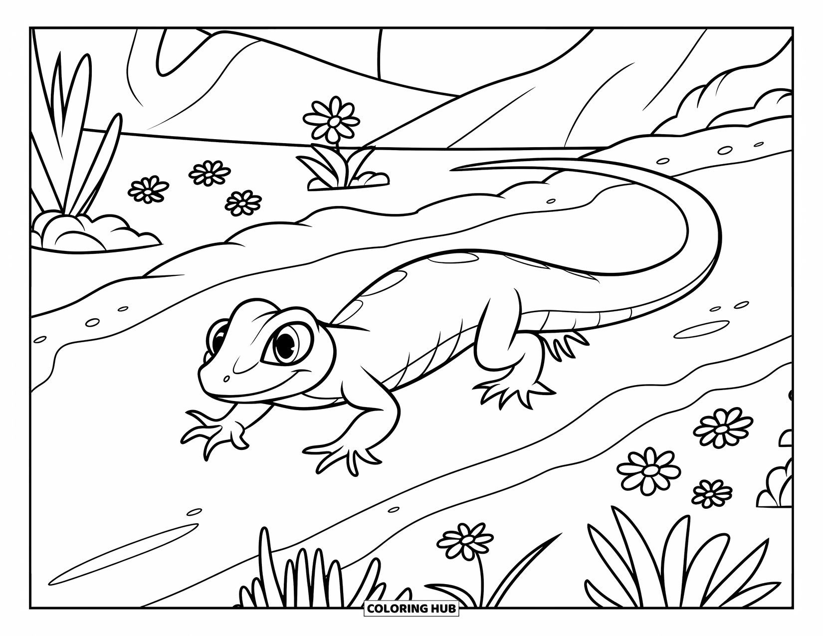 Lizard Coloring Page for Kids: A joyful lizard crosses a sandy trail surrounded by mountains and plants
