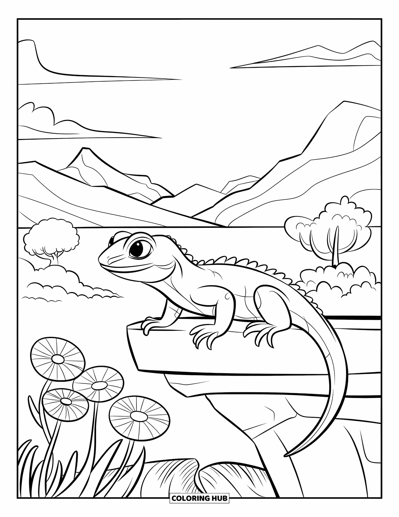 Lizard Coloring Page for Kids: A lizard looks over a ledge at flowers blooming far below