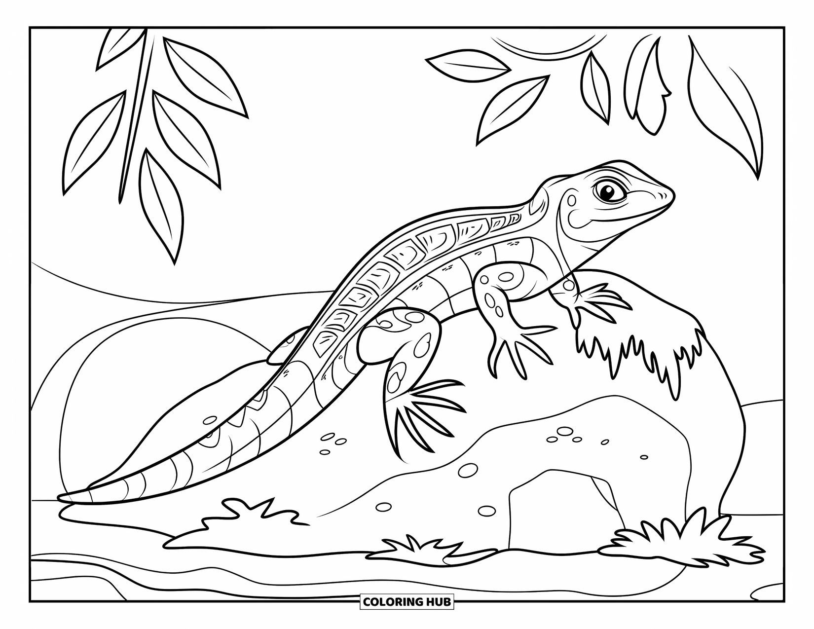 Lizard Coloring Page for Kids: A lizard with a patterned back rests near a mossy rock