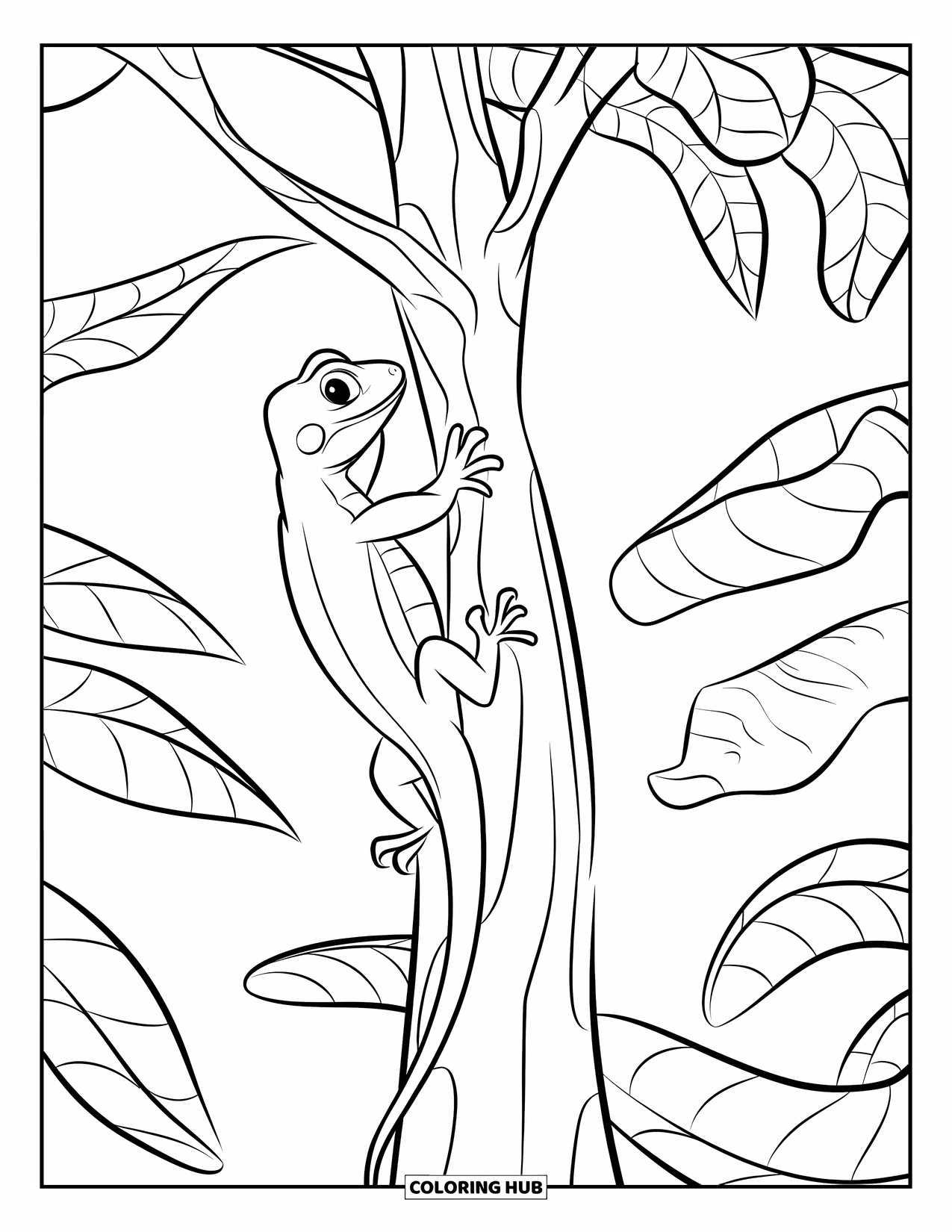 Lizard Coloring Page for Kids: A long-tailed lizard scales a tree with big, overlapping leaves