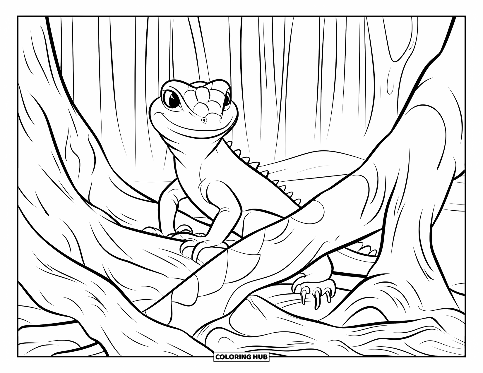 Lizard Coloring Page for Kids: A relaxed lizard sits on tangled roots beneath towering forest trees