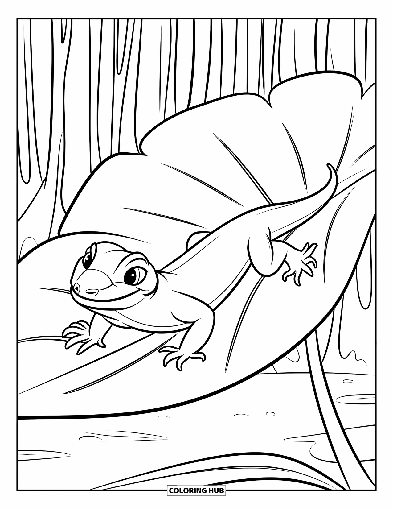 Lizard Coloring Page for Kids: A smiling lizard glides across a big leaf in a peaceful forest