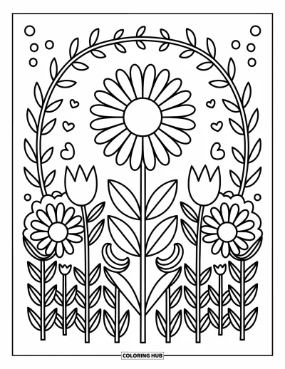 Dibujo de mandalas para colorear para adultos: Gran margarita en el centro con tulipanes, rosas y girasoles en capas florales