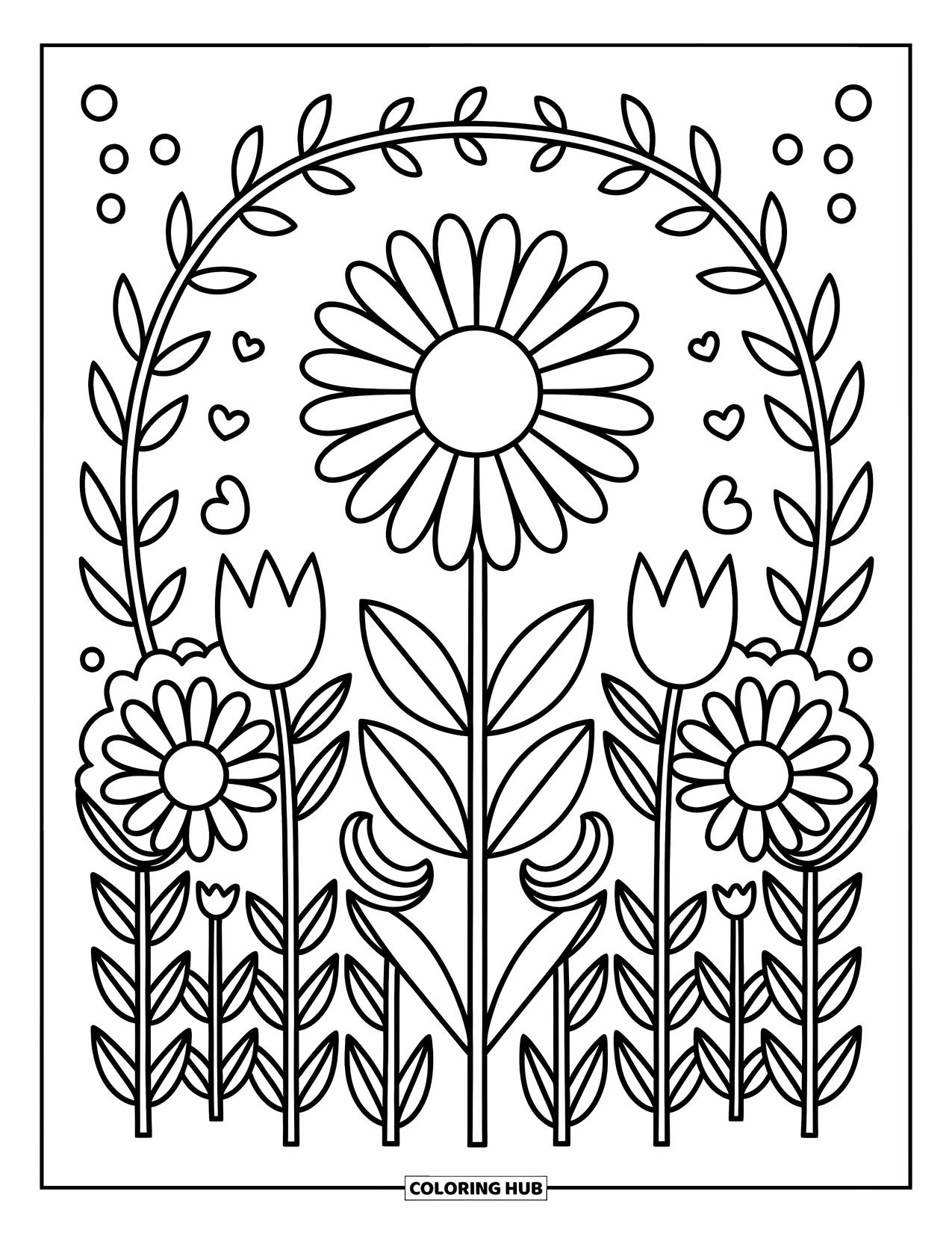 Mandala Coloring Page for Adults: Big daisy in the center with tulips, roses, and sunflowers in floral layers
