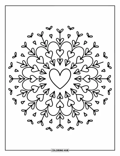 Dibujo de mandalas para colorear para adultos: Corazón grande con lazos pequeños, puntos y rizos de cinta en patrón de mandala