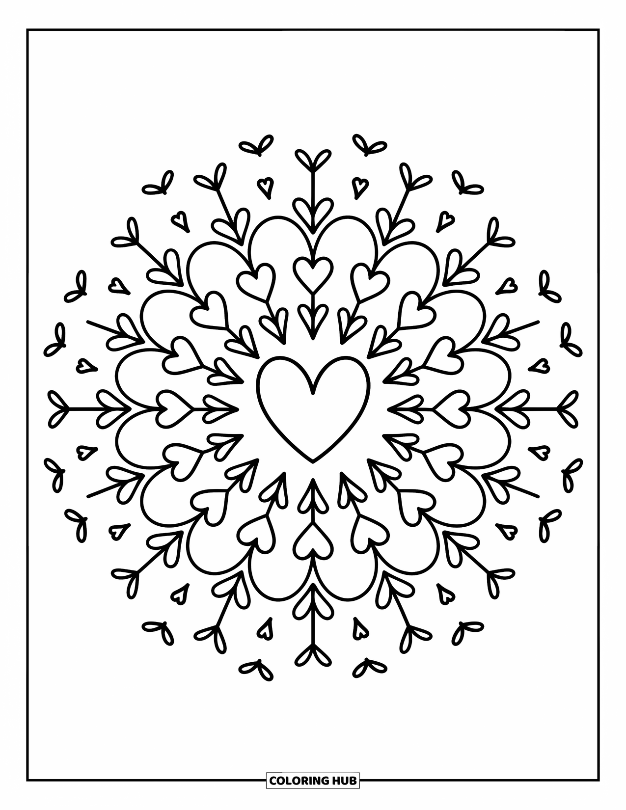 Mandala Coloring Page for Adults: Big heart with little bows, dots, and ribbon curls in a mandala pattern