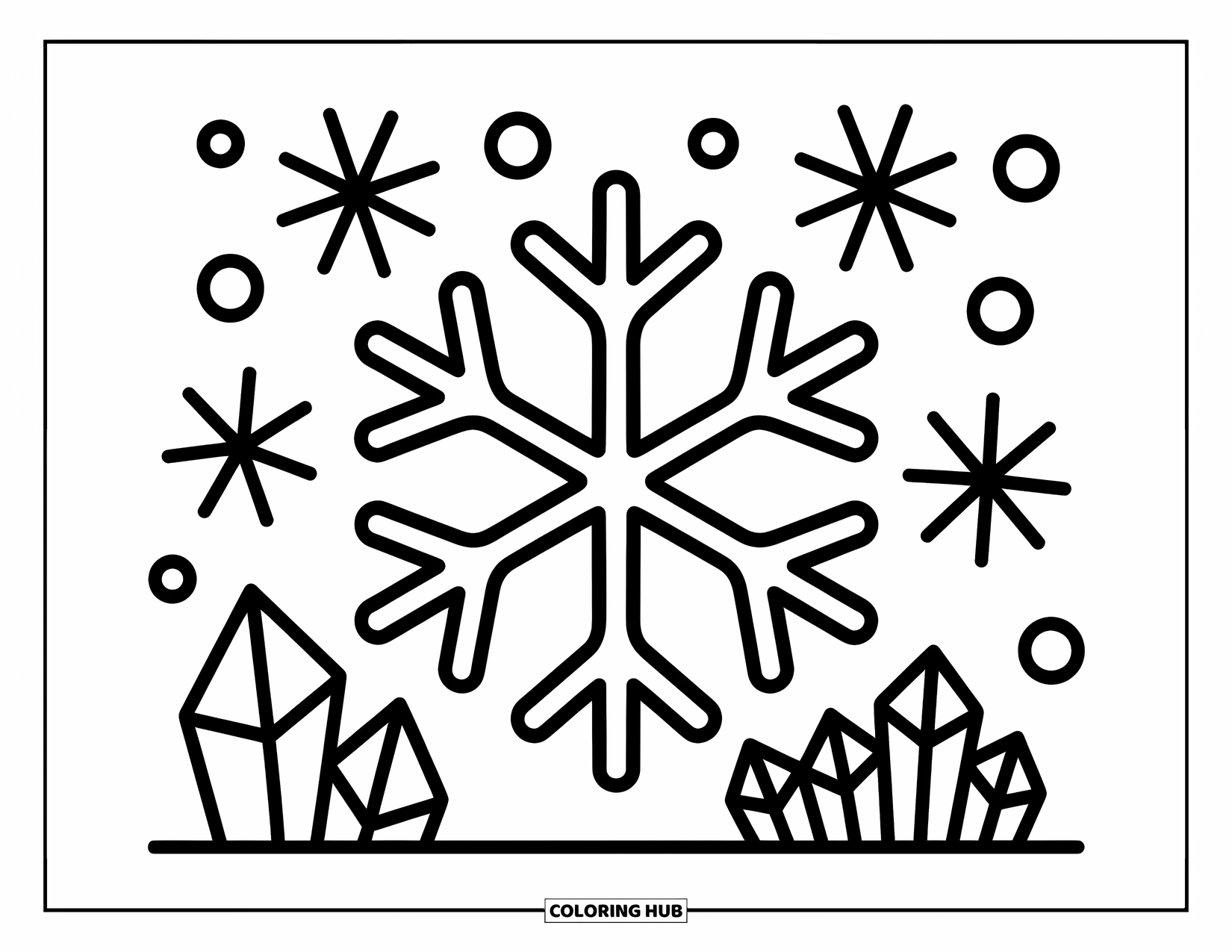Mandala Coloring Page for Adults: Big snowflake with tiny hats, mittens, and dots in a cute wintery pattern