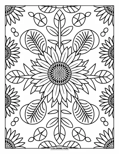 Dibujo de mandalas para colorear para adultos: Gran girasol con flores pequeñas, hojas y grupos repetidos de pétalos