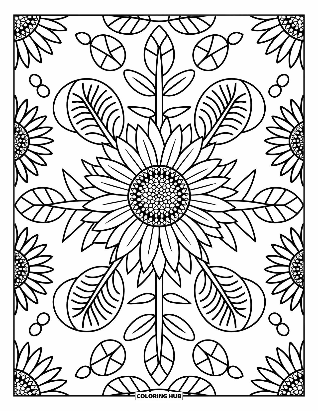 Mandala Coloring Page for Adults: Big sunflower with smaller blooms, leaves, and repeating petal clusters