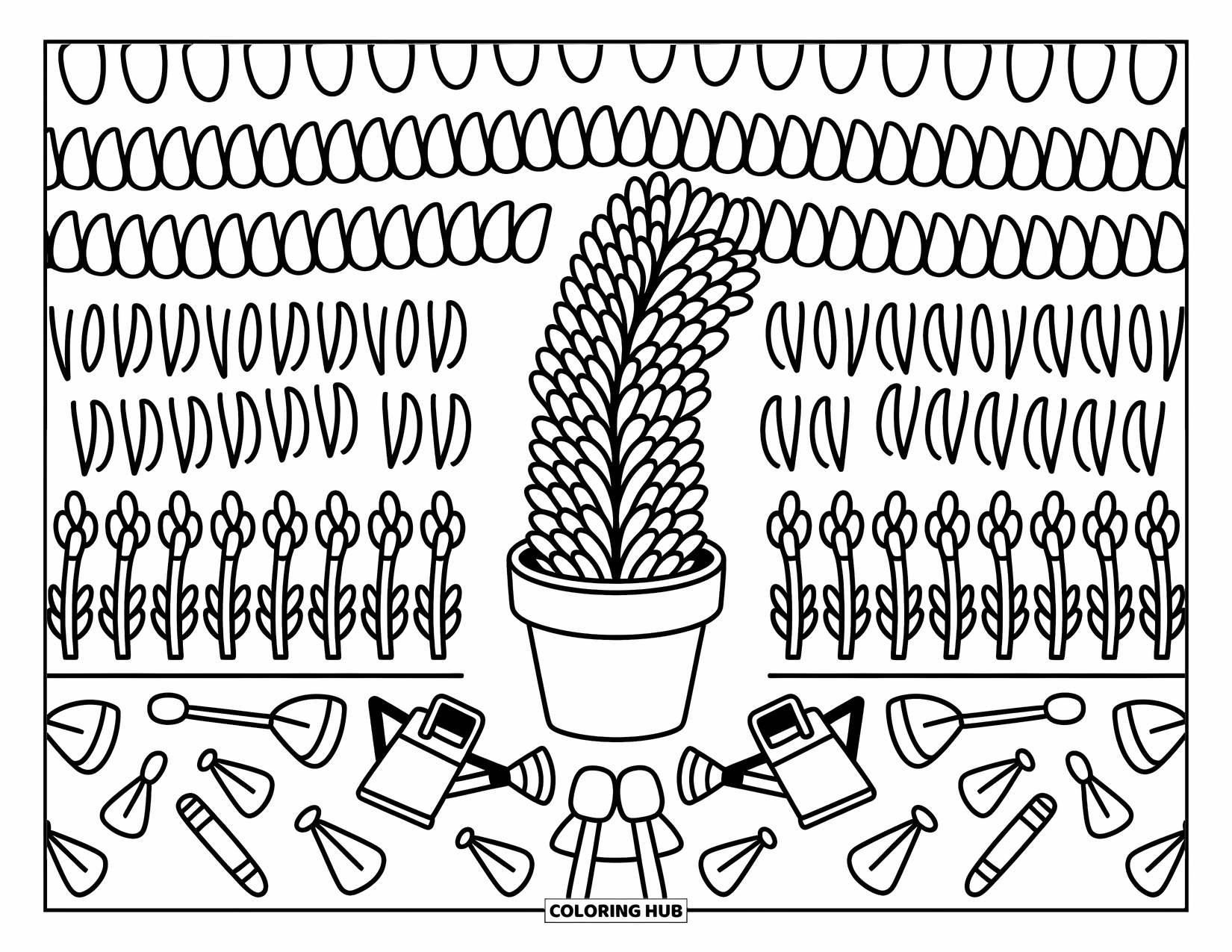 Mandala Coloring Page for Adults: Blooming pot in the middle with leaves, flowers, and garden doodles