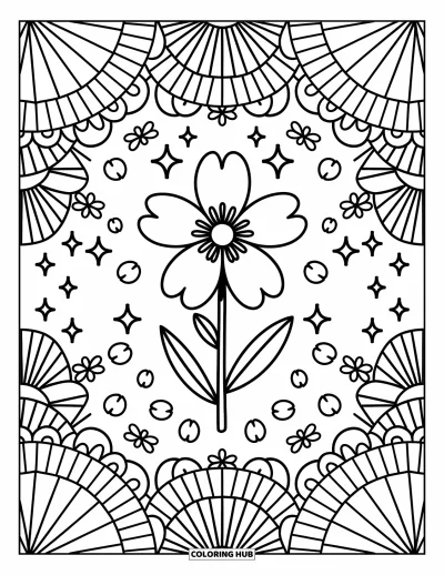 Dibujo de mandalas para colorear para adultos: Flor rodeada de pequeños abanicos, destellos y lazos en una composición de aire festivo