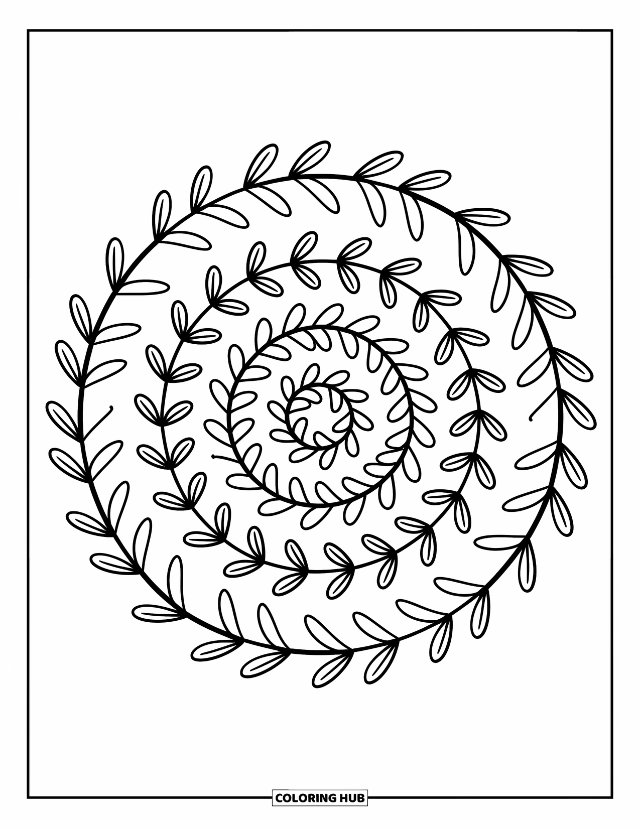 Mandala Coloring Page for Adults: Botanical spiral with ivy, leaves, and berries in a gentle mandala