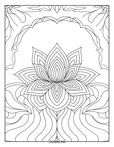 Dibujo de mandalas para colorear para adultos: Flor de loto centrada con pétalos elegantes y un espacio limpio