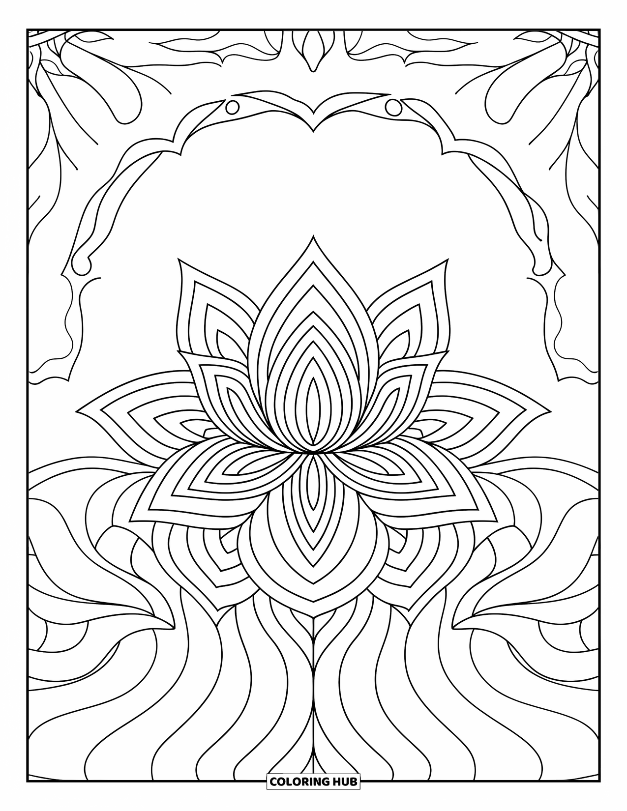 Mandala Coloring Page for Adults: Centered lotus flower with elegant petals and a clean space