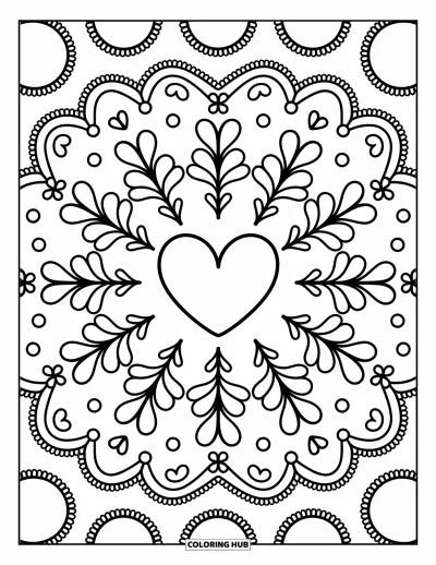 Dibujo de mandalas para colorear para adultos: Corazón central con lazos pequeños, rizos y ramitas en un dulce diseño circular