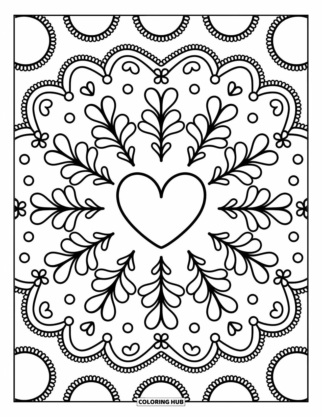 Mandala Coloring Page for Adults: Central heart with tiny bows, curls, and sprigs in a sweet circular layout